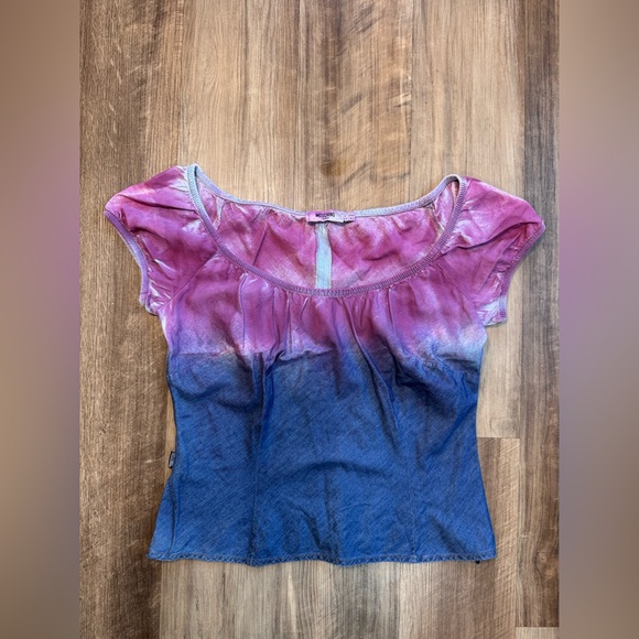 Moschino Pink and Denim Blue Ombre Gradient Short Sleeve Top w/Side Zipper